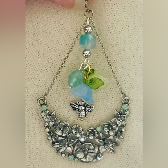 Vintage Upcycled Floral Silver Green and Blue Dangle Earrings - Picture 3 of 10